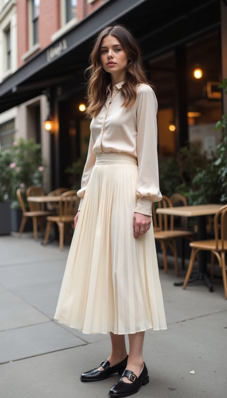 Classic Black Mary Janes With Pleated Midi Skirt