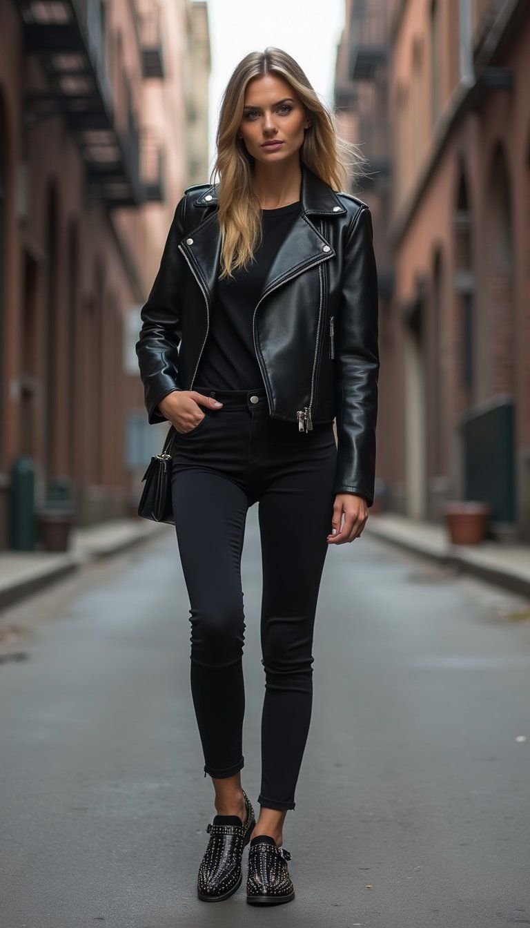 Edgy Leather Jacket With Studded Mary Jane Shoes