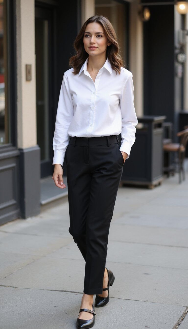 Preppy Oxford Shirt With Mary Janes And Trousers