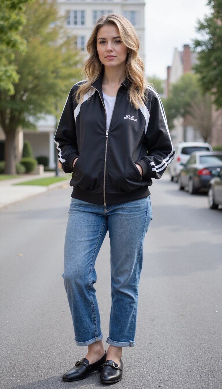 Sporty Track Jacket With Mary Janes And Jeans