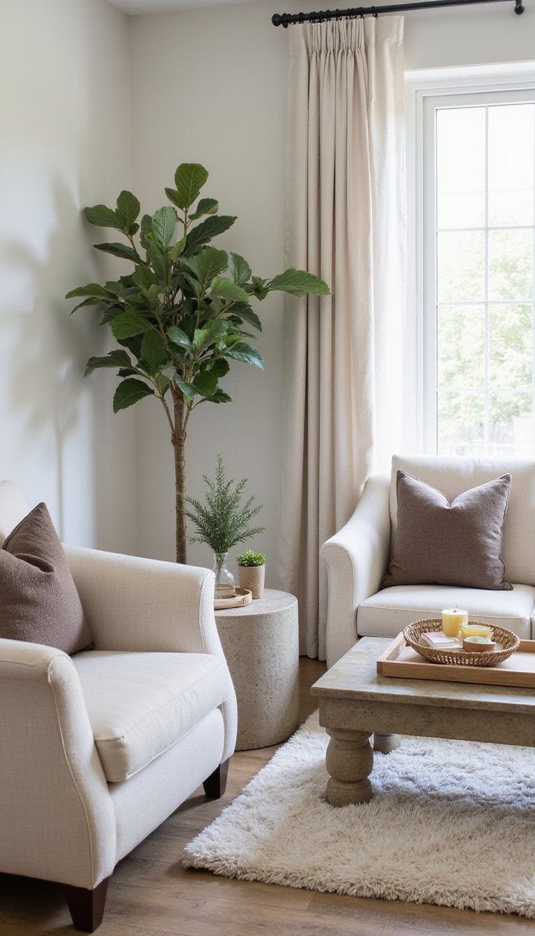 Bouclé Accent Chairs With Taupe Throw Pillows