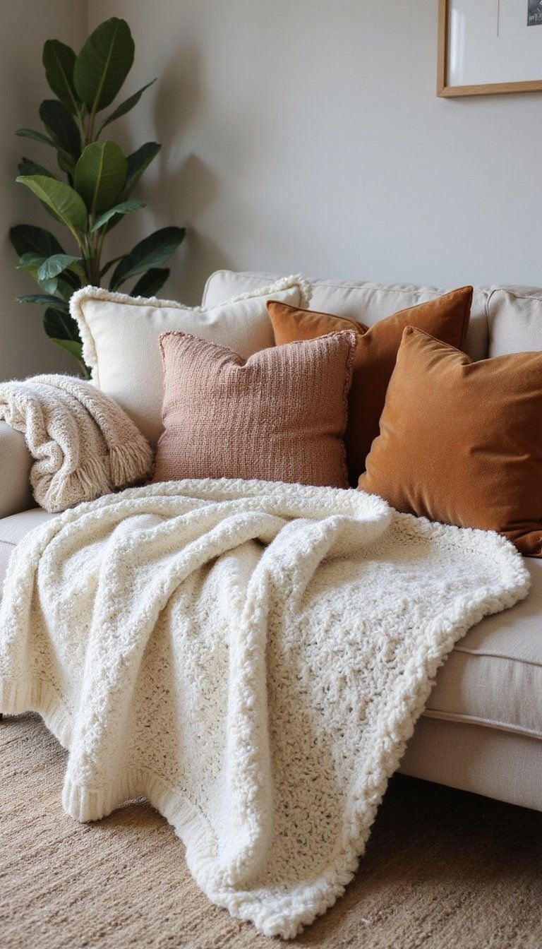 Layered Throws And Knit Textures On Sofa
