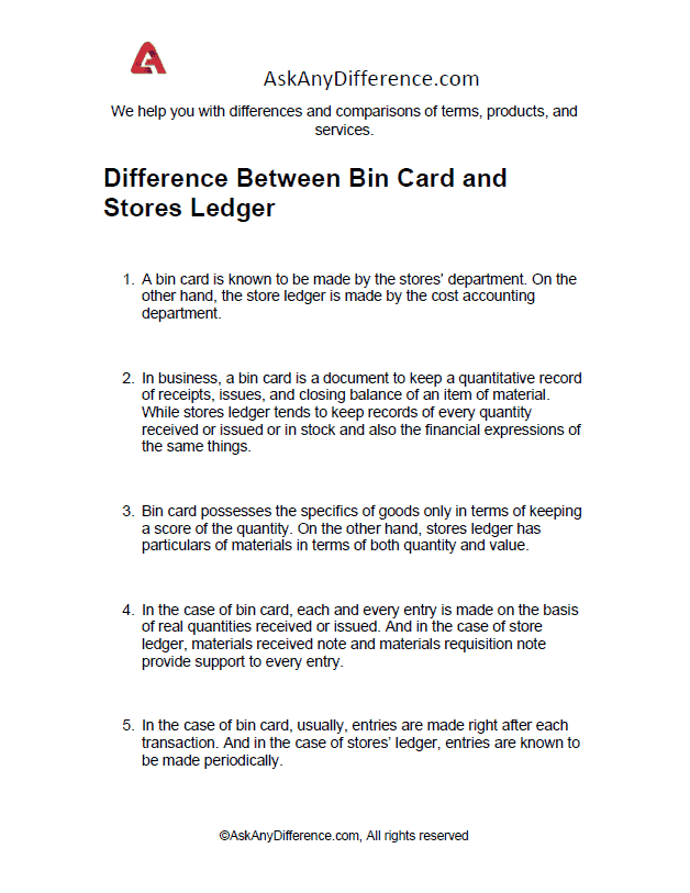 Difference Between Bin Card And Stores Ledger In Cost Accounting at