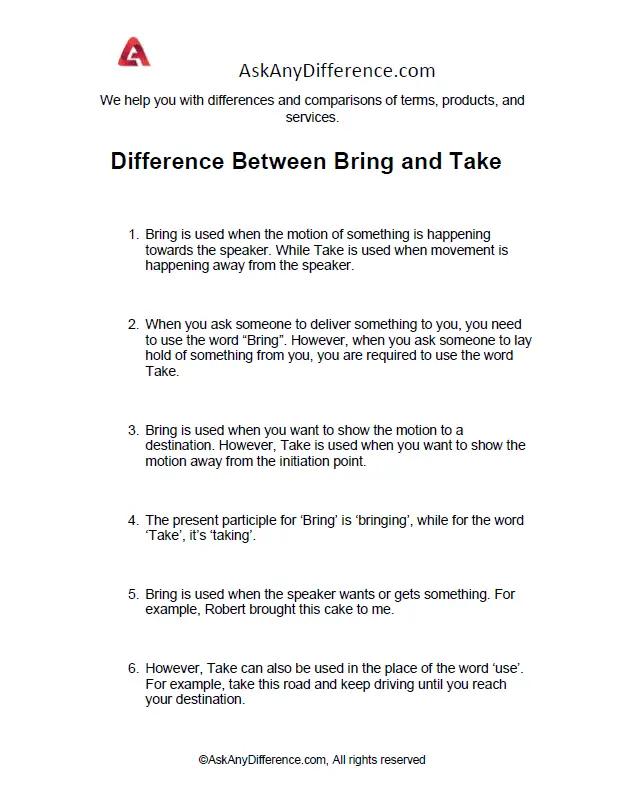 Difference Between Bring and Take