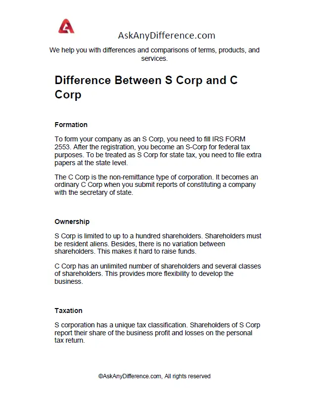 Difference Between S Corp and C Corp