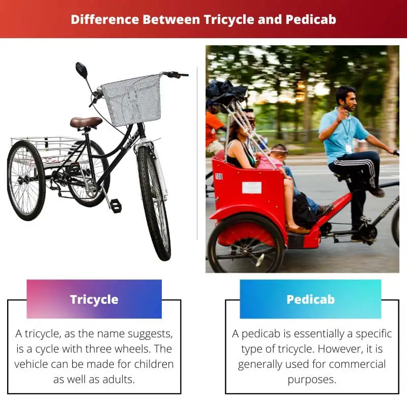 دراجة ثلاثية العجلات مقابل Pedicab - الفرق بين دراجة ثلاثية العجلات وبادي كاب