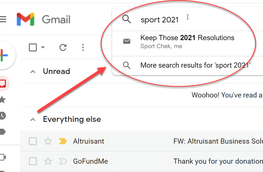 وظيفة البحث في أرشيف Gmail