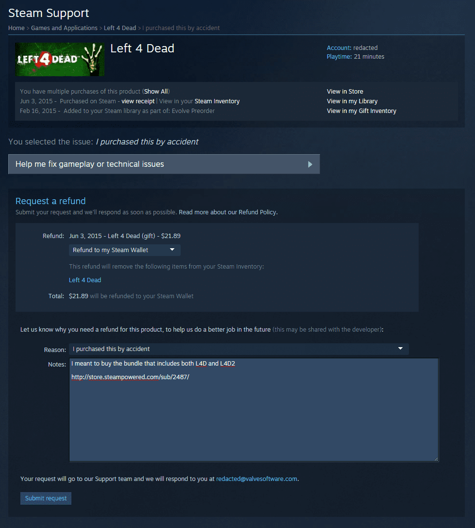 Anmod om en tilbagebetaling af Steam-spil