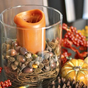 Pottery Barn Inspired Fall Candle with acorns and grapevine