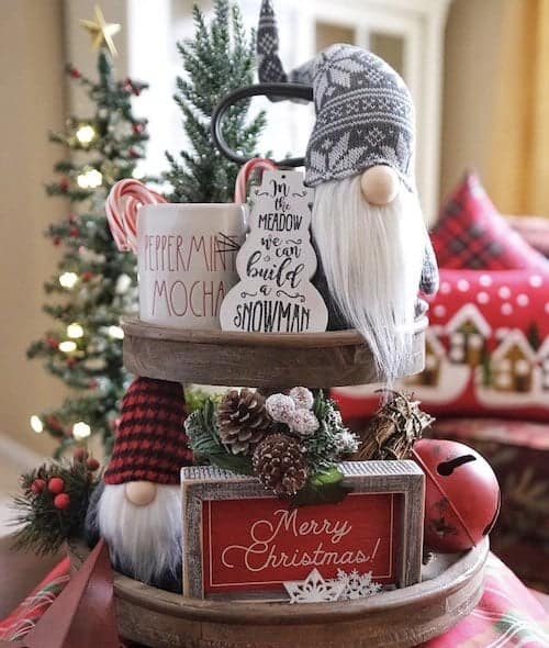 Christmas Tiered Tray with decorated with gnomes