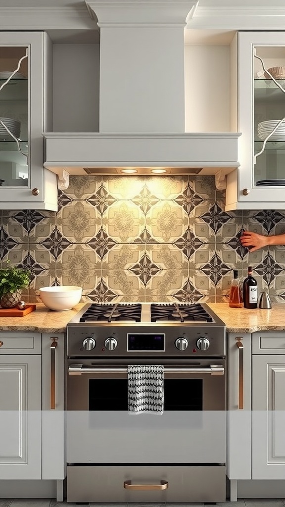 A kitchen featuring an Art Deco-inspired backsplash with geometric designs in cream and dark tones