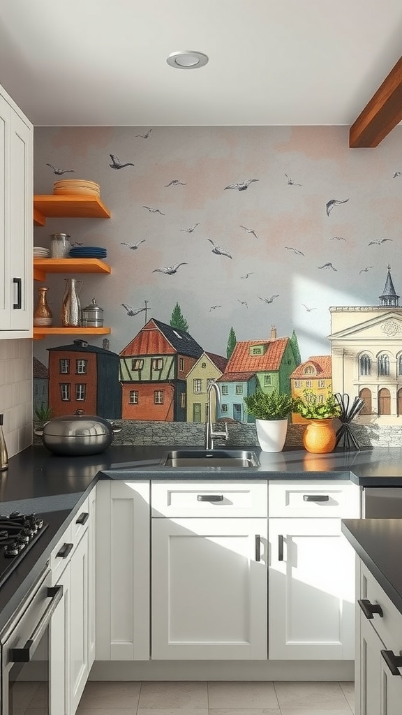 A kitchen featuring an artistic mural of colorful houses against a pastel background.