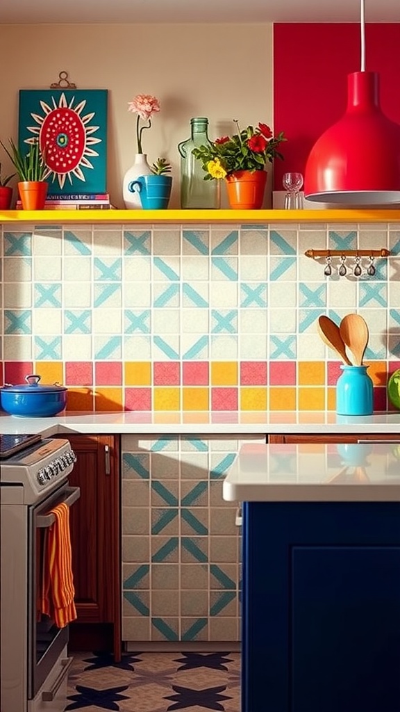 Kitchen with a colorful geometric patterned backsplash featuring blue, orange, and red tiles.