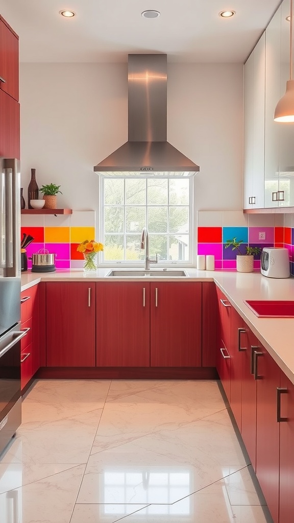 Kitchen showcasing bright colored glass panels as backsplash