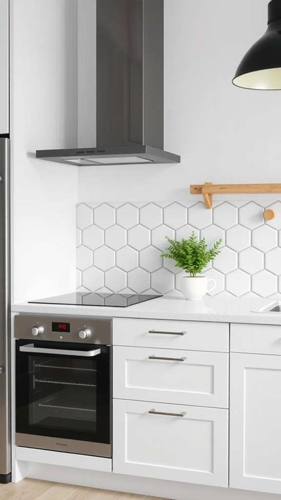 Modern kitchen with white hexagonal tiles as backsplash, featuring a sleek oven and a potted plant.