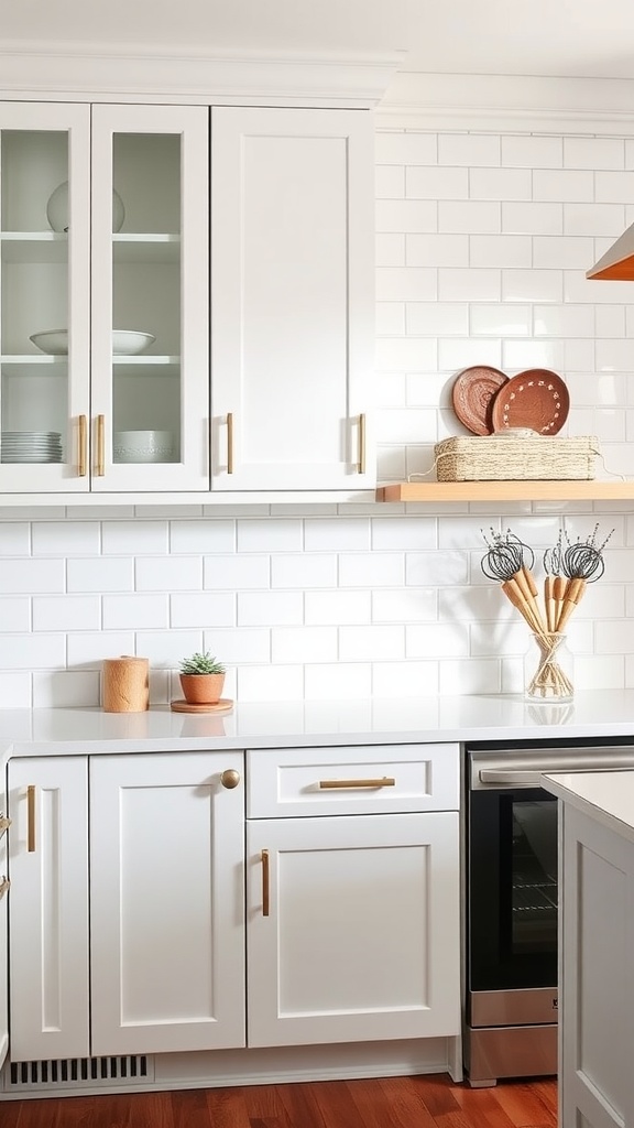 A modern kitchen featuring classic white subway tile backsplash, bright cabinetry, and gold hardware.