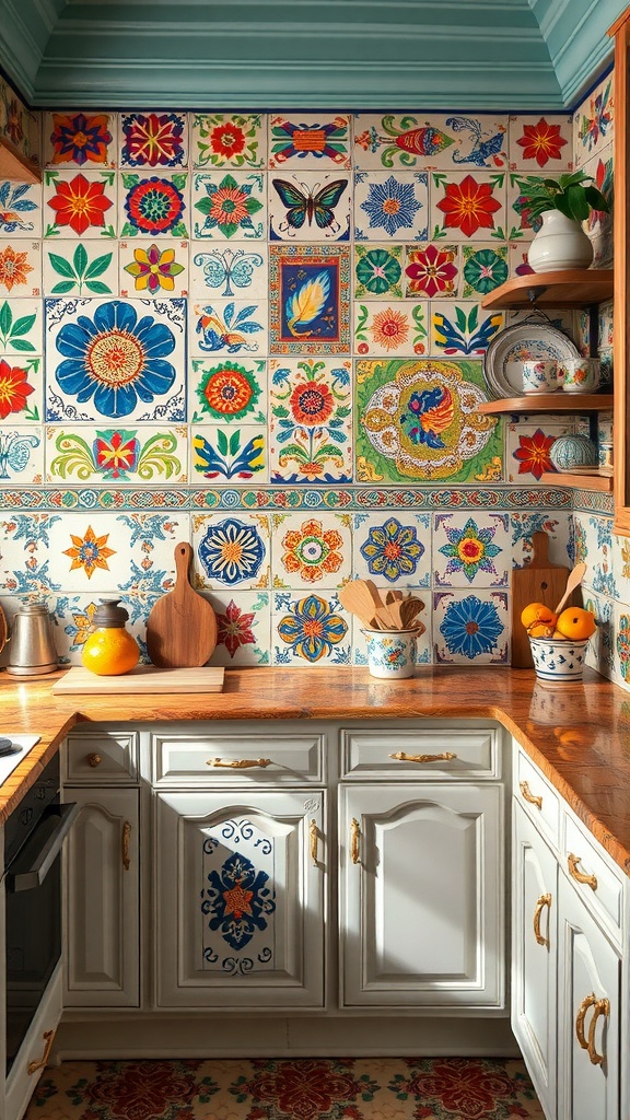 A kitchen featuring a vibrant backsplash of colorful hand-painted tiles, displaying intricate floral and butterfly designs.