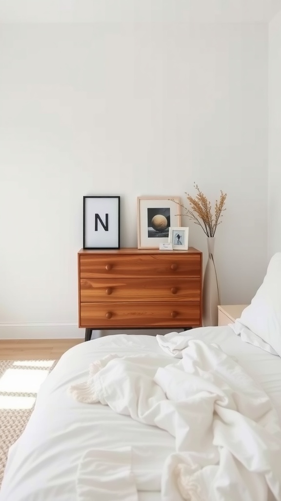 A compact wooden dresser with decorative frames and a vase, set against a minimalist bedroom backdrop