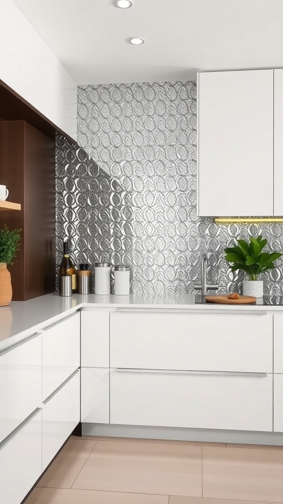 A modern kitchen featuring a metallic textured backsplash with dark cabinetry and under-cabinet lighting.