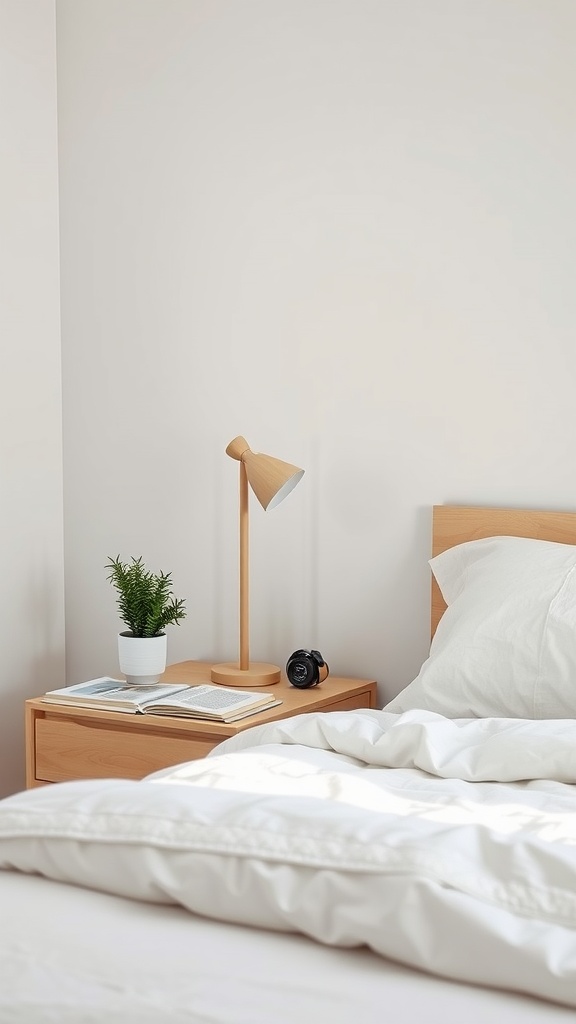 Minimalist nightstand with a lamp, plant, and books, creating a clean and organized look.