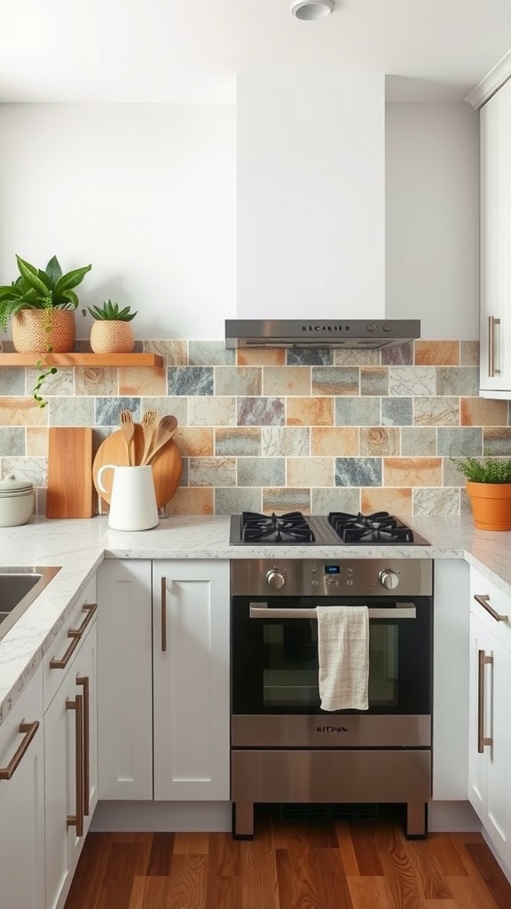 Kitchen with a recycled stone backsplash featuring warm colors and modern appliances.