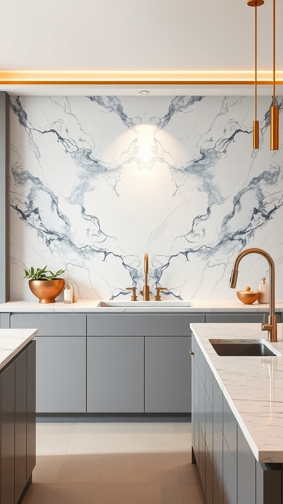 A modern kitchen featuring a white and blue marble slab backsplash with gray cabinets and warm lighting.