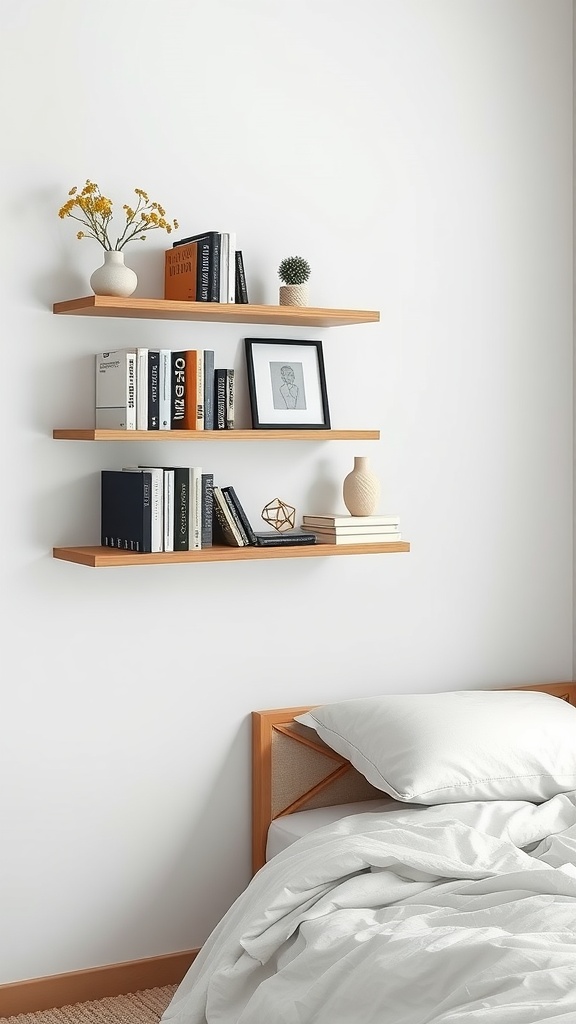 A minimalist bedroom with floating shelves displaying books, plants, and decorative items.