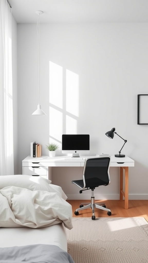 A minimalist bedroom featuring a functional desk, computer, and comfortable chair, with a bright, airy atmosphere.