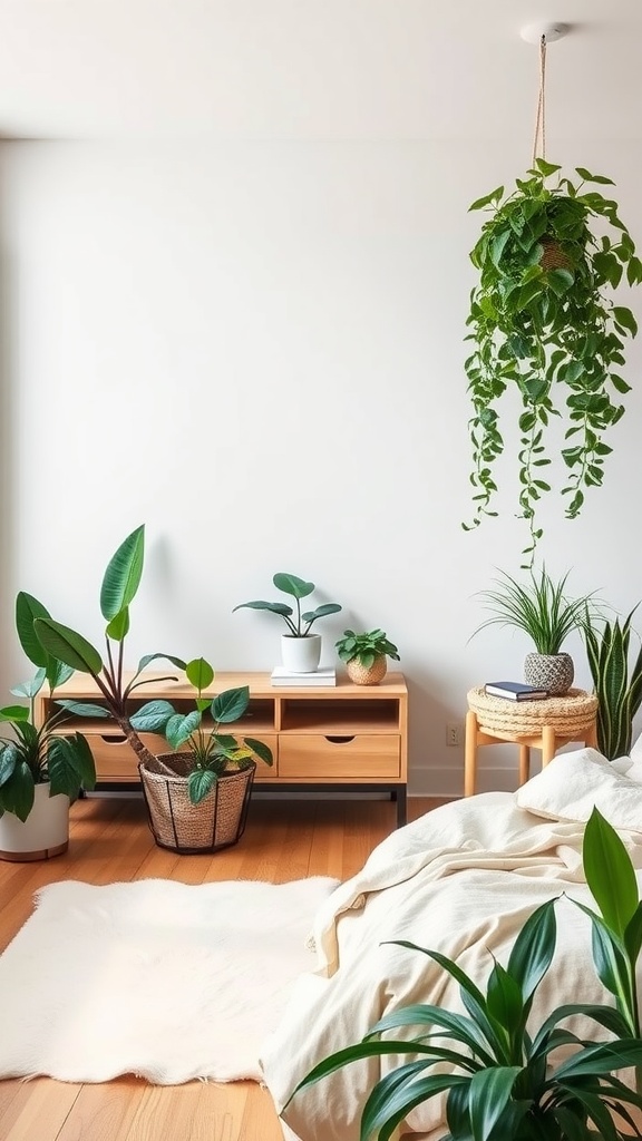 A minimalist bedroom featuring various indoor plants, including a hanging plant, enhancing the freshness of the space.