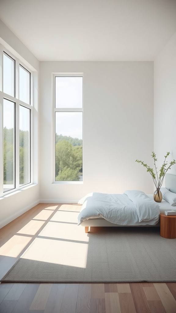 A minimalist bedroom with large windows allowing natural light to fill the room. A simple bed and side table are present, adding to the serene atmosphere.