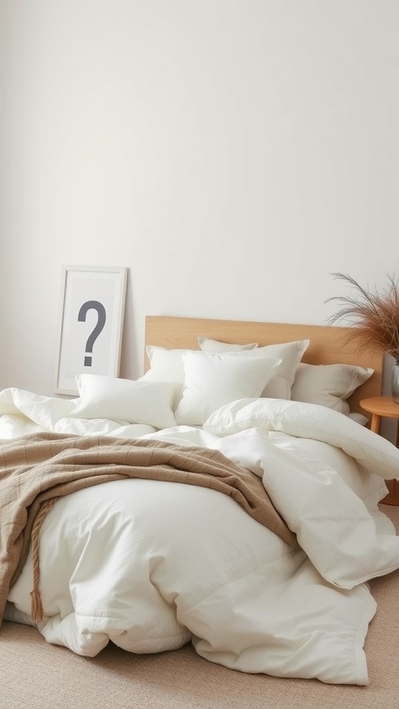 A minimalist bedroom with layered white bedding and a warm throw blanket.