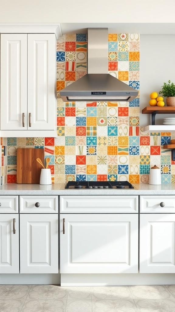 Colorful patchwork kitchen backsplash with various tile designs.