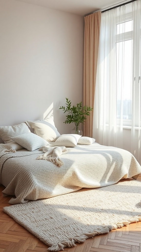 A minimalist bedroom featuring a soft, neutral rug, light bedding, and a plant by the window.