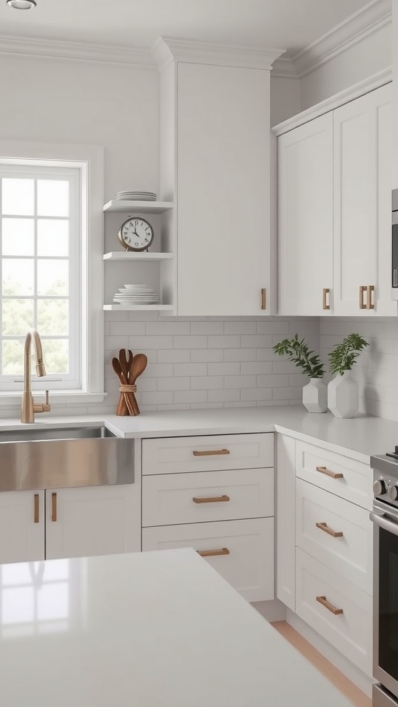 Kitchen featuring minimalist white shaker panels with gold hardware and a subway tile backsplash.