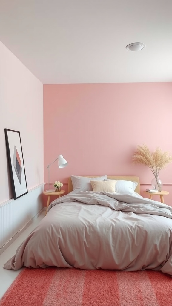 A minimalist bedroom featuring a soft pink color scheme with a bed, lamp, and decorative elements.