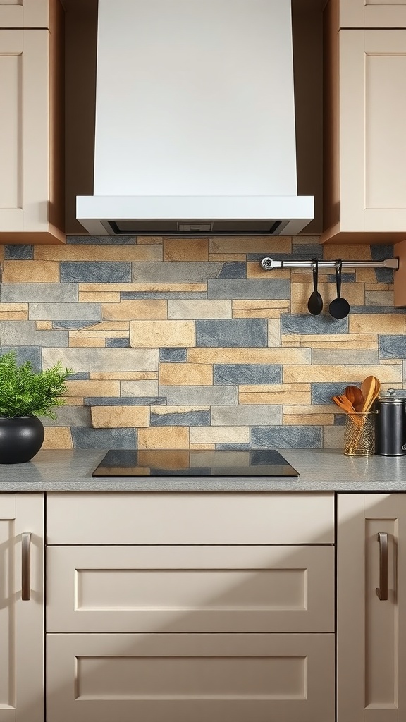 A kitchen with a nature-inspired stone slate backsplash featuring warm golds and cool grays, modern stovetop, and range hood.