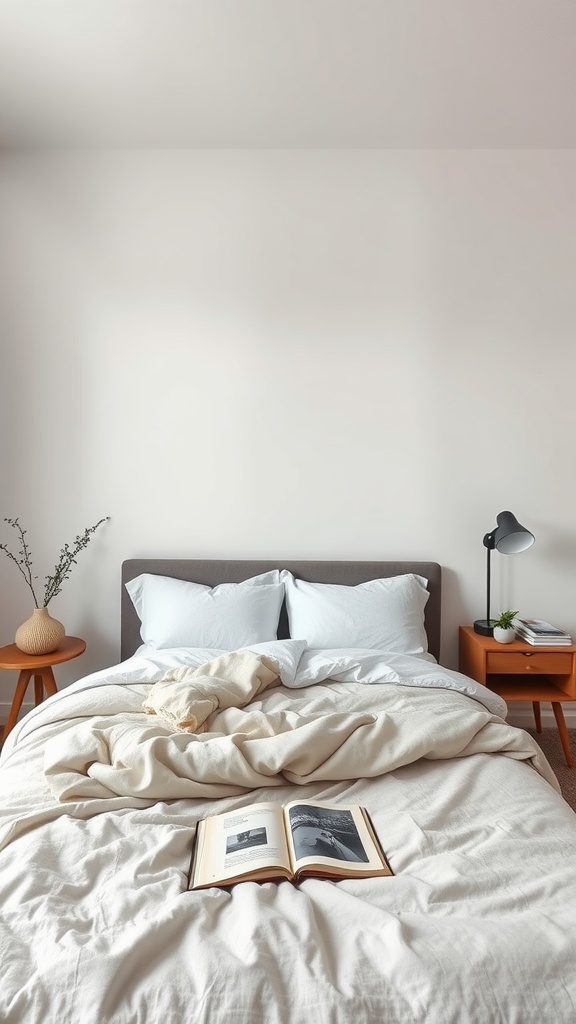 A minimalist bedroom featuring a neatly made bed with soft linens, a book open on the bed, and stylish nightstands.