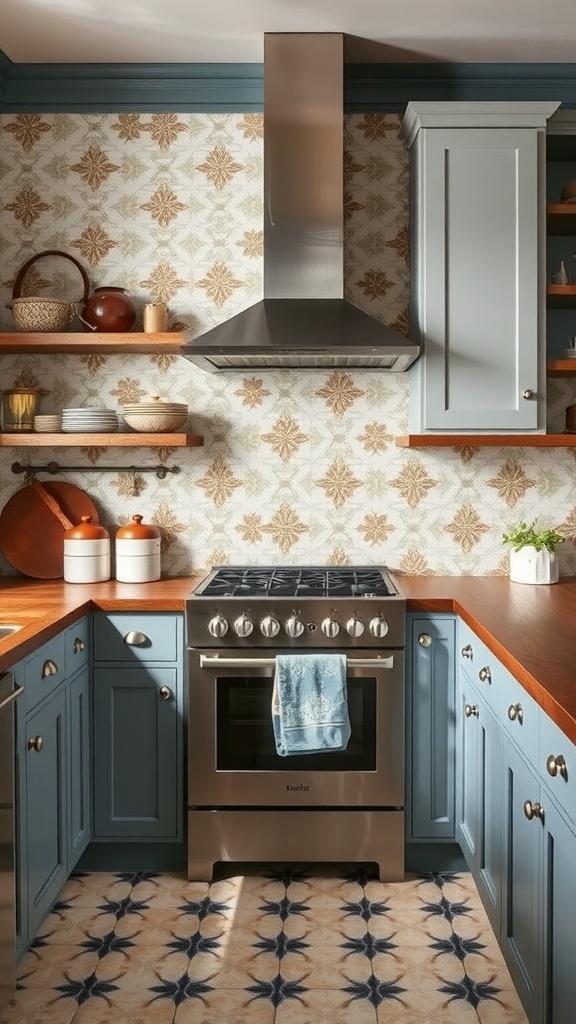 A modern kitchen featuring retro cement tiles as a backsplash, with wooden cabinetry and sleek appliances.