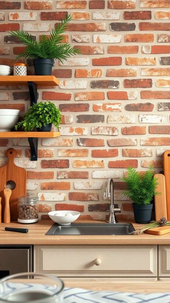 Rustic kitchen with a brick wall backsplash, wooden shelves, and plants