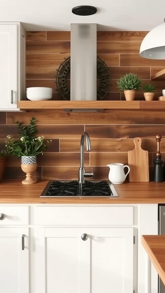 A rustic kitchen with wooden planks as a backsplash, featuring white cabinets, potted plants, and a modern cooktop.