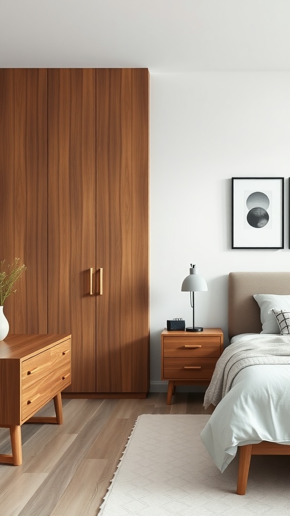 A minimalist bedroom featuring Scandinavian furniture with warm wood tones, soft bedding, and a sleek lamp.