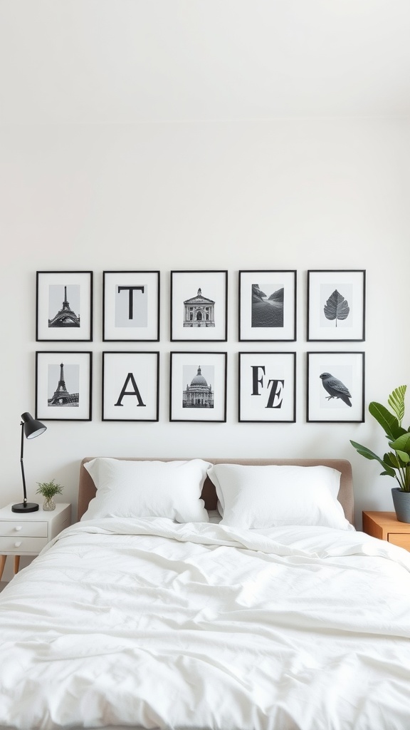 Minimalist bedroom with simple black and white wall decor featuring framed prints above the bed.