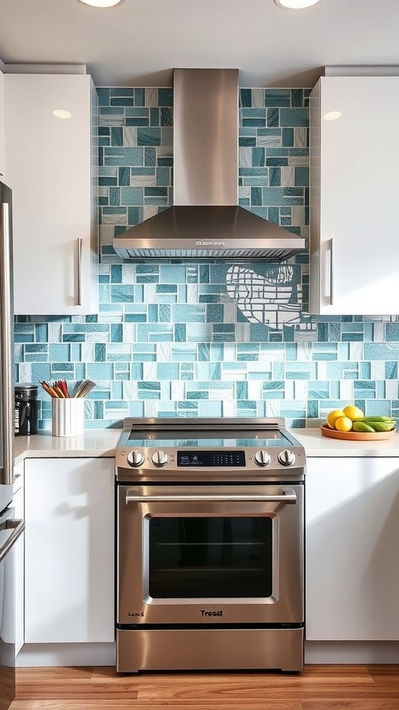 A modern kitchen featuring a blue glass mosaic backsplash, stainless steel appliances, and white cabinets.