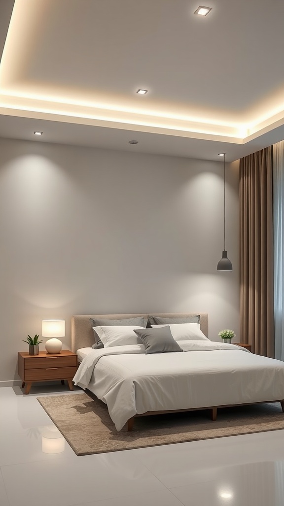 A minimalist bedroom with sleek lighting features, including recessed ceiling lights, a pendant lamp, and a bedside lamp