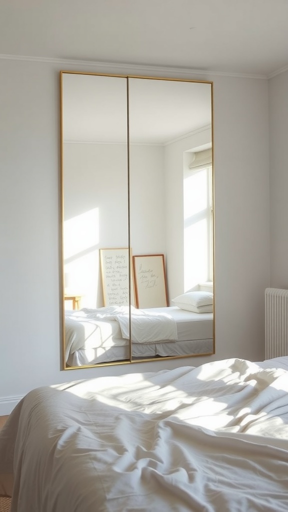 A spacious minimalist bedroom featuring a large golden-framed mirror reflecting light and decor.