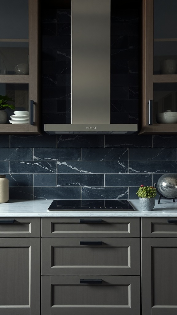 A modern kitchen featuring a sophisticated dark stone backsplash with white veining, complemented by a stainless steel range hood and dark cabinetry.