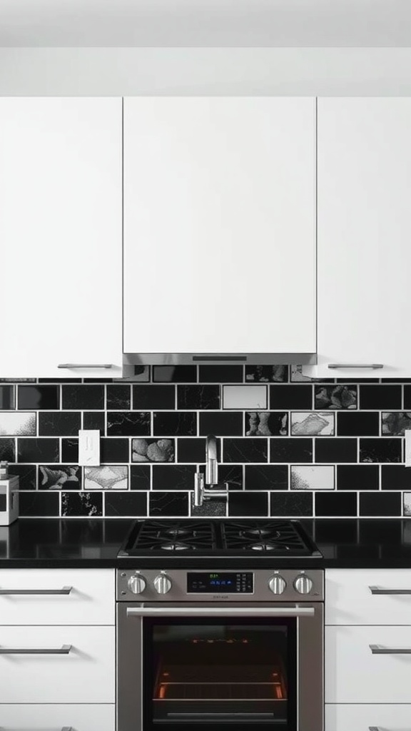 A modern kitchen featuring a black subway tile backsplash and white cabinets.