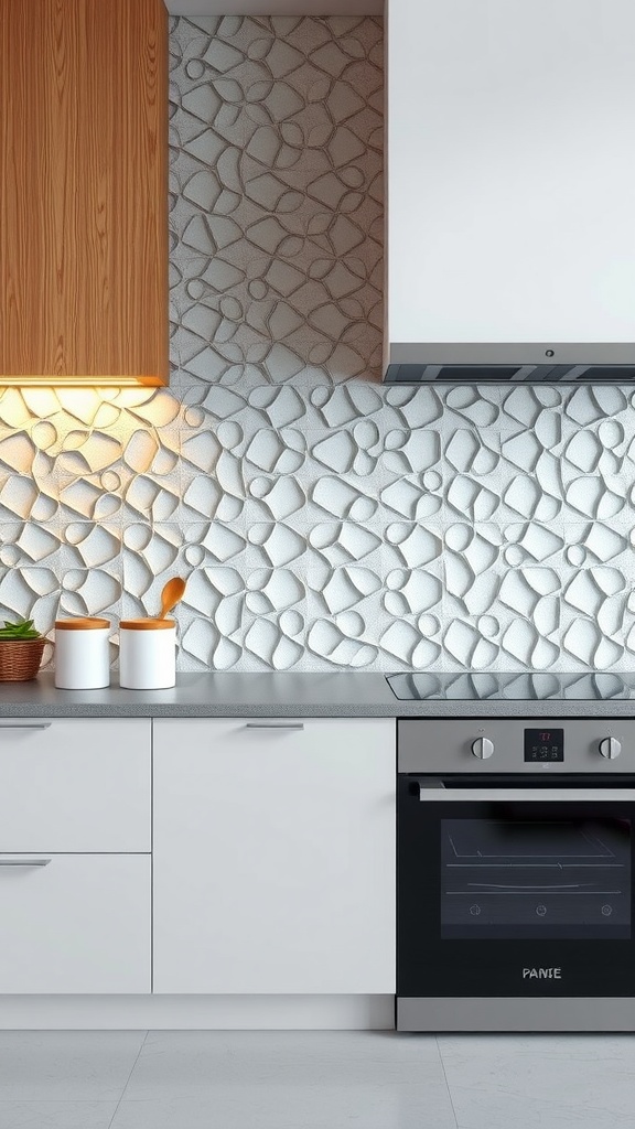 A modern kitchen featuring a textured 3D tile backsplash in light tones, complemented by white cabinetry and a sleek countertop.