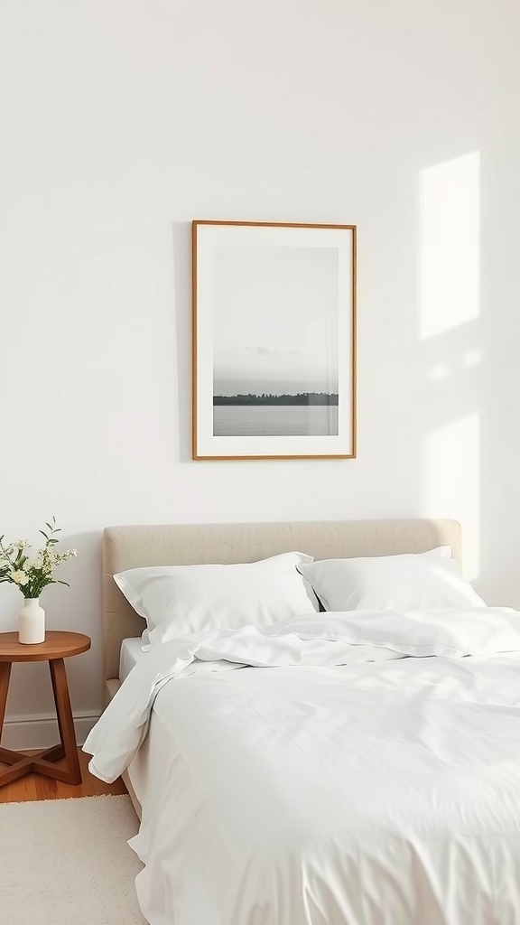 A minimalist bedroom with a simple landscape artwork framed in wood above a bed with white bedding.