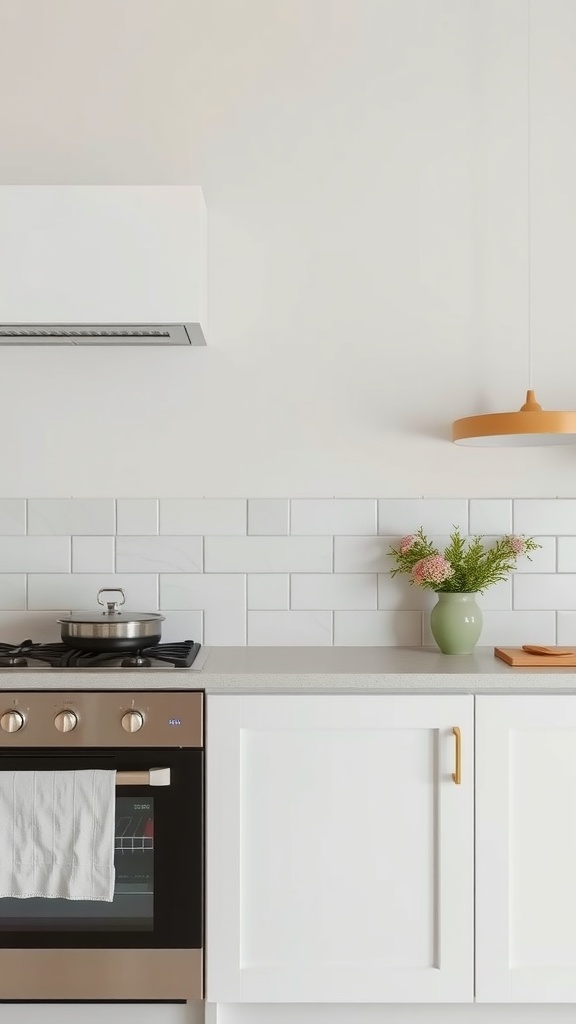 A modern kitchen with a neutral color palette featuring white subway tiles, a sleek countertop, and a vase of flowers.